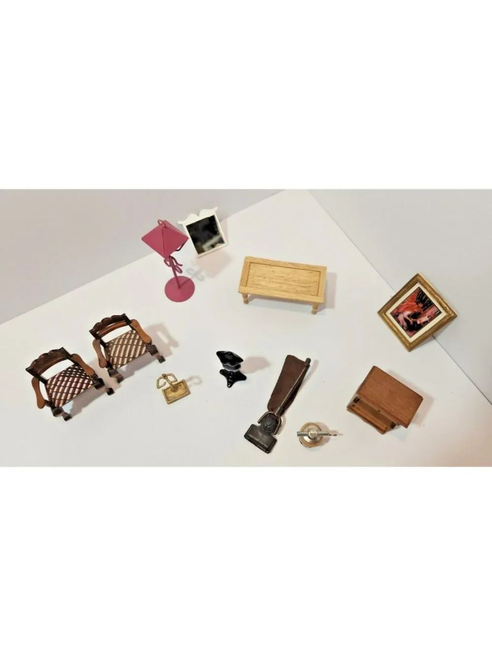 Vtg  Wood Dollhouse Furniture Metal Vacuum Dressmakers Ice Cream Churn...11 Pcs